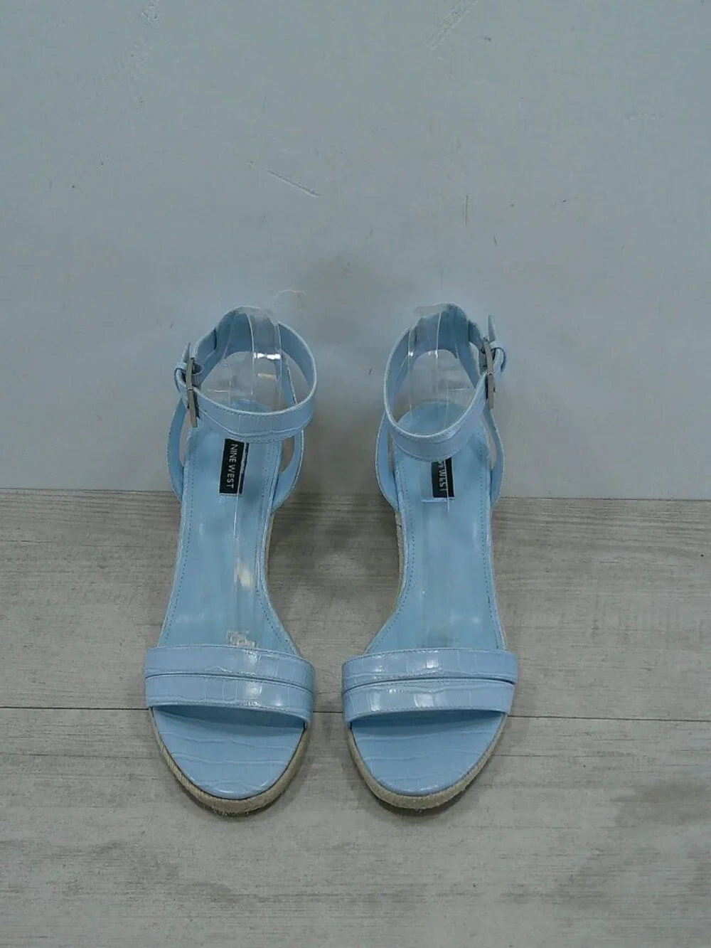 Nine West Baby Blue Croc Embossed Patent Joie Espadrille Wedge Heel Size 11 M
